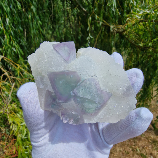 Fluorite on Druzy Quartz - Zhejiang, China.