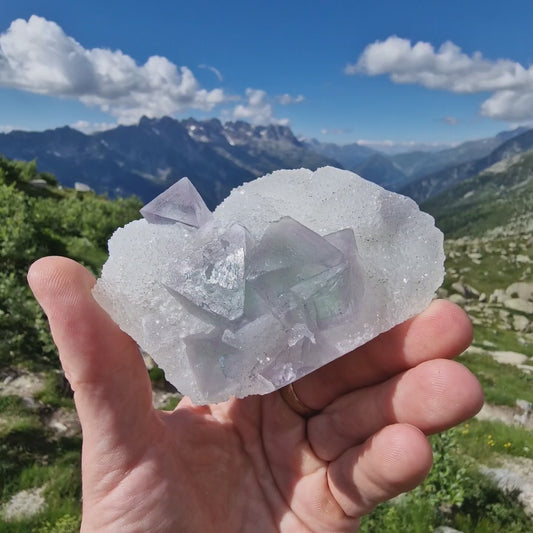 Fluorite on Druzy Quartz - Zhejiang, China.