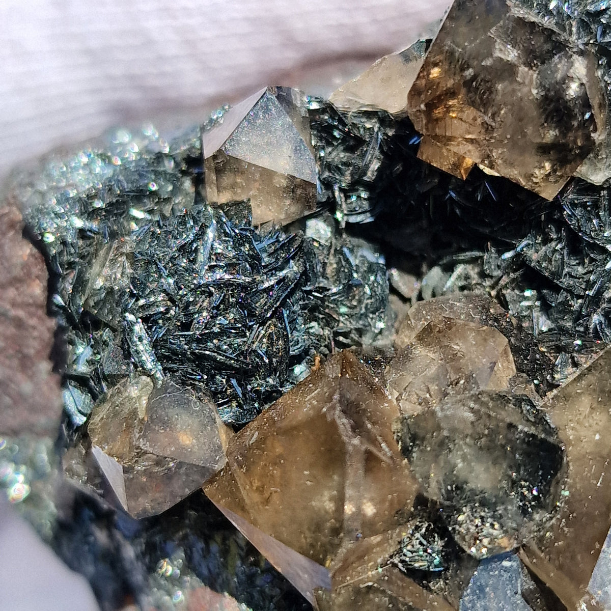 Smoky Quartz and Specularite on Hematite - Beckermet Mine, England, UK.